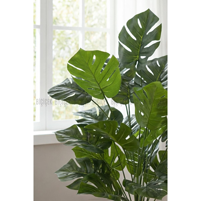 Biçiçek Yapay Çiçek Salon Bitkisi Monstera Deve Tabanı Antrasit Renk Yalı Saksıda