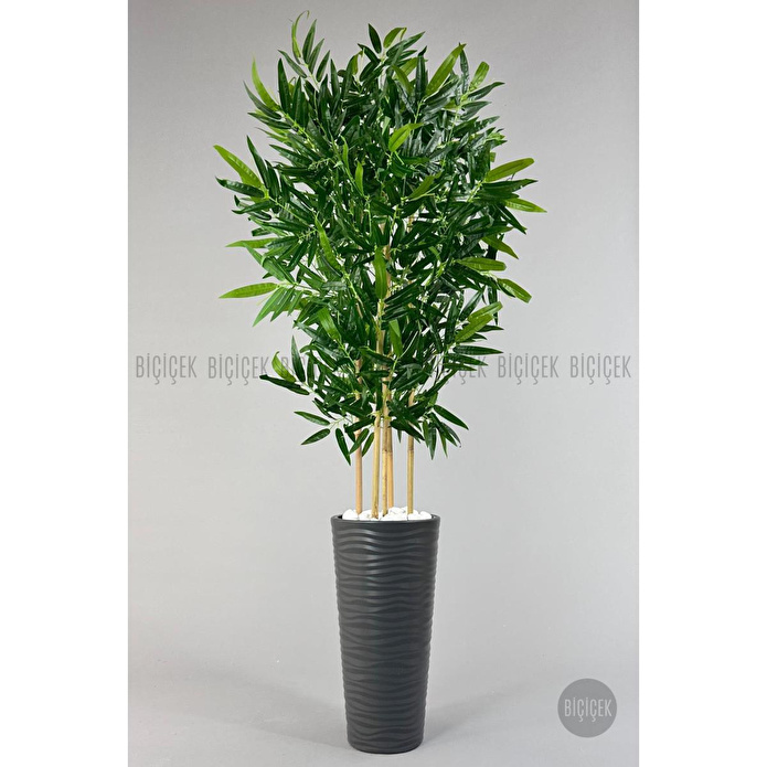 Biçiçek Yapay Bambu Ağacı 185cm Büyük Yapraklı 5 Bambulu Antrasit Renk Kumsal Saksıda Yapay Ağaç