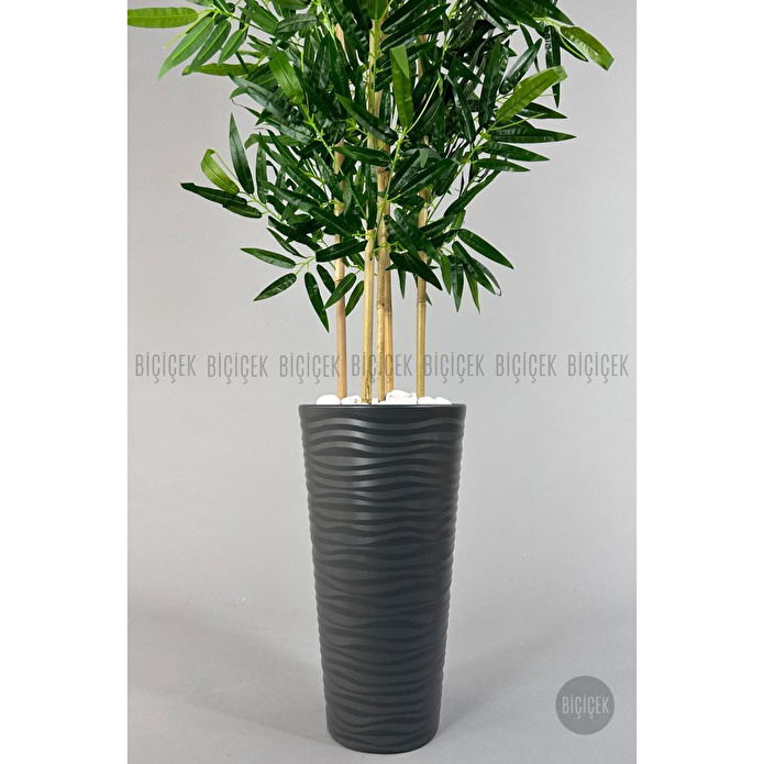 Biçiçek Yapay Bambu Ağacı 185cm Büyük Yapraklı 5 Bambulu Antrasit Renk Kumsal Saksıda Yapay Ağaç