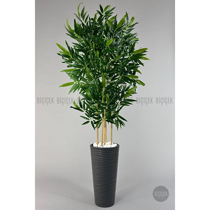 Biçiçek Yapay Bambu Ağacı 185cm Büyük Yapraklı 5 Bambulu Antrasit Renk Kumsal Saksıda Yapay Ağaç