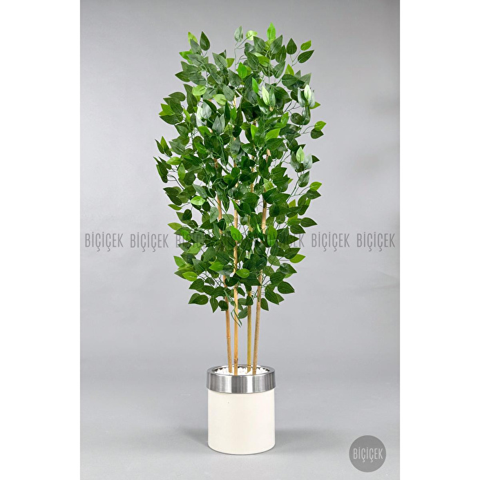 Biçiçek Yapay Benjamin Ağacı 140cm Krem Gümüş Metal Saksıda