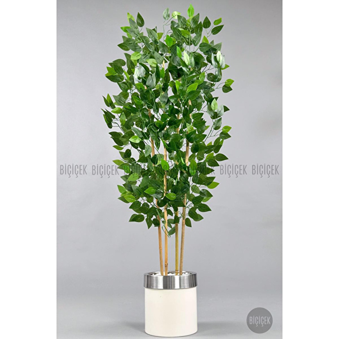 Biçiçek Yapay Benjamin Ağacı 140cm Krem Gümüş Metal Saksıda