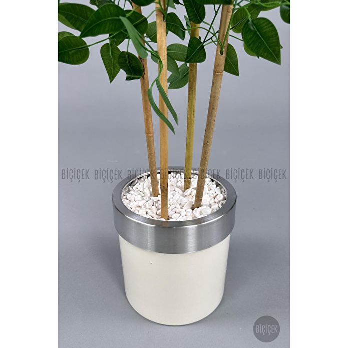Biçiçek Yapay Benjamin Ağacı 140cm Krem Gümüş Metal Saksıda