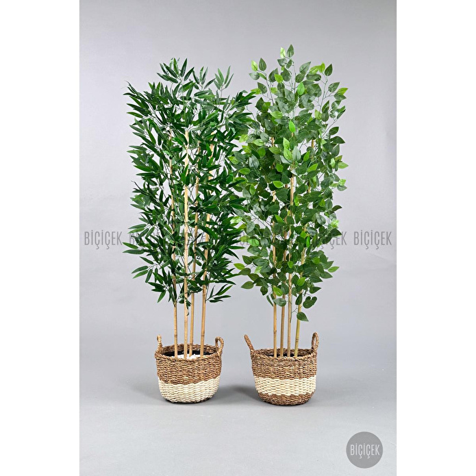 Biçiçek 140 Cm Yapay Bambu&benjamin Ağacı Ikiliset Hasır Saksıda