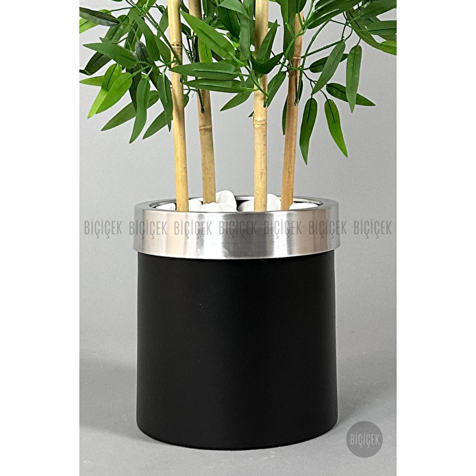 Biçiçek Yapay Bambu Ağacı 140cm Siyah Gümüş Metal Saksıda