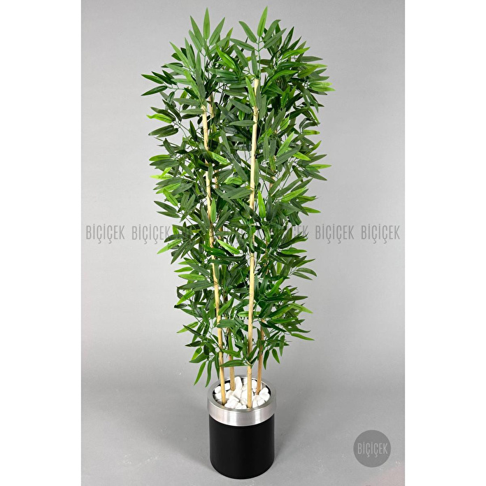 Biçiçek Yapay Bambu Ağacı 140cm Siyah Gümüş Metal Saksıda