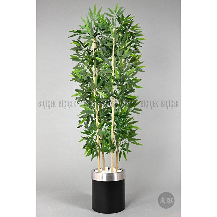 Biçiçek Yapay Bambu Ağacı 140cm Siyah Gümüş Metal Saksıda