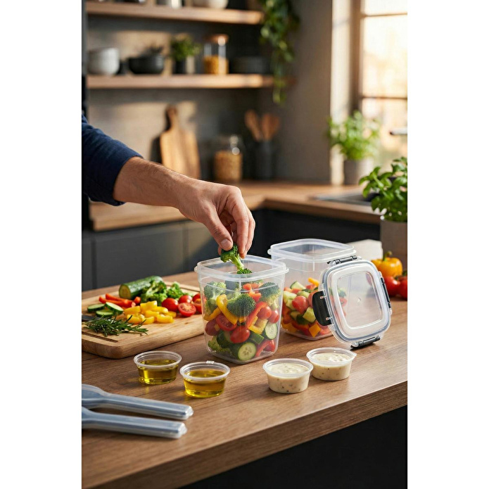 Vienev 2'li Kilitli Kapak 1075ml Yemek Saklama Kabı - Sosluk Ve Kaşık Setli Pratik Öğün Kabı
