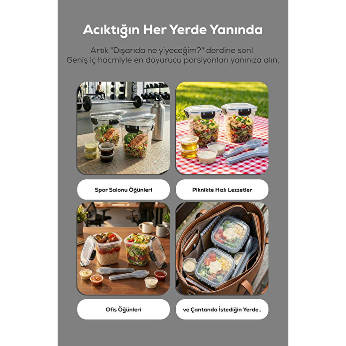 Vienev 2'li Kilitli Kapak 1075ml Yemek Saklama Kabı - Sosluk Ve Kaşık Setli Pratik Öğün Kabı