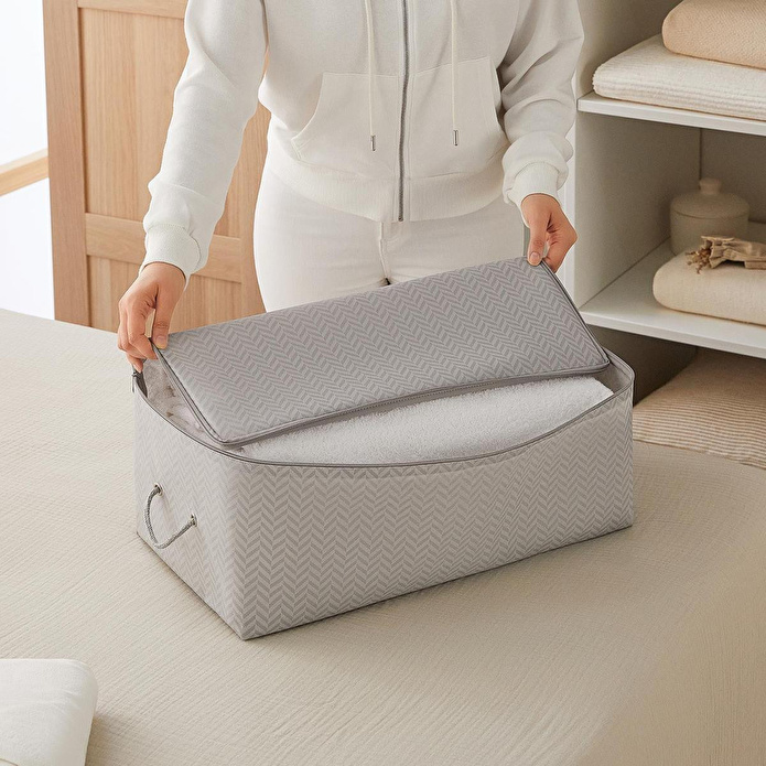 Ocean Home Textile 3'lü Orta Boy Gri Balıksırtı Hurç Set 52 X 28 X 21 Cm