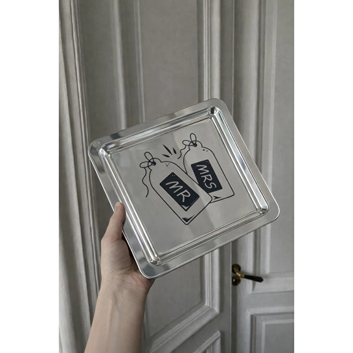Beige & Stone Mr. & Mrs. Desenli Kare Paslanmaz Çelik Kahve Çay Söz Nişan Sunum Ve Dekoratif Tepsi