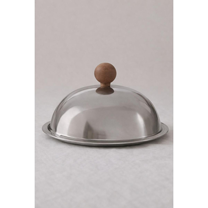 Beige & Stone Ahşap Kulplu Fanus Paslanmaz Çelik Gümüş 18 Cm Tabaklı Kek Pasta Sunum Stand Tepsi