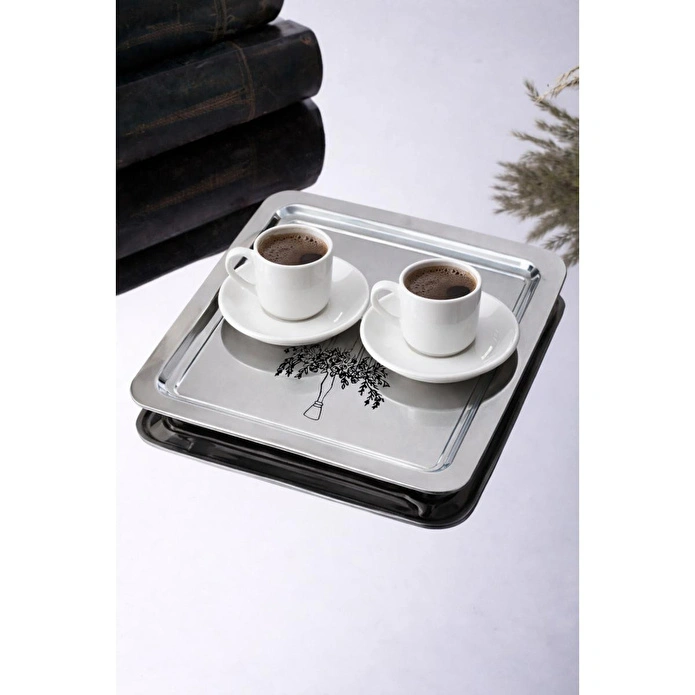 Beige & Stone Şamdan Desenli Kare Paslanmaz Çelik Kahve Çay Sunum Ve Dekoratif Tepsi