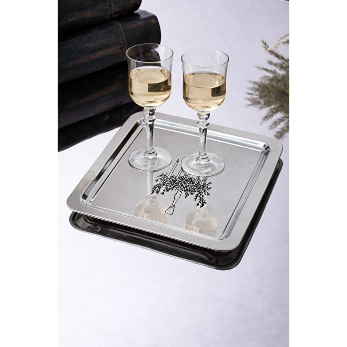 Beige & Stone Şamdan Desenli Kare Paslanmaz Çelik Kahve Çay Sunum Ve Dekoratif Tepsi