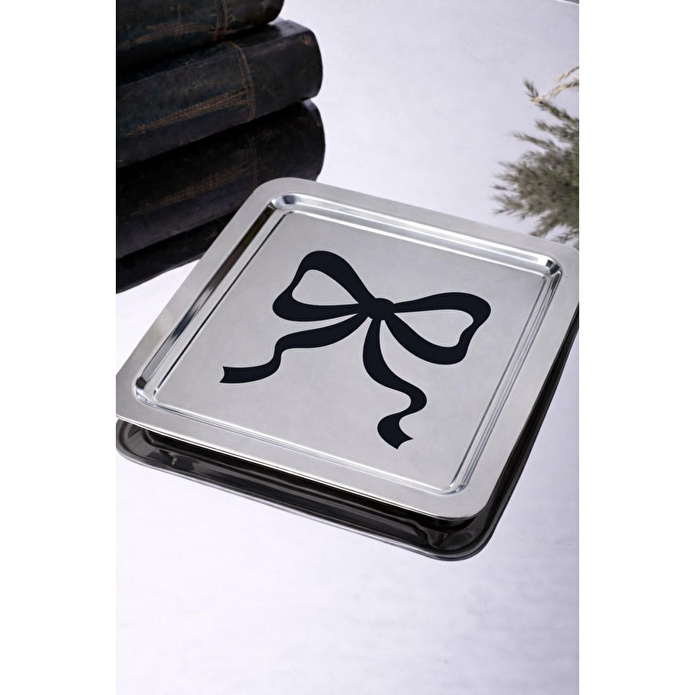 Beige & Stone Siyah Fiyonk Desenli Kare Paslanmaz Çelik Kahve Çay Söz Nişan Sunum Ve Dekoratif Tepsi