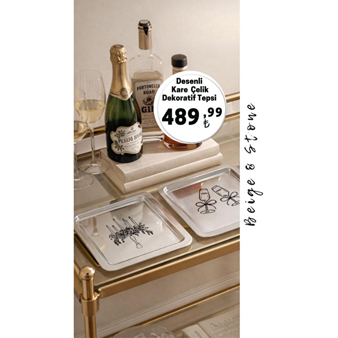 Beige & Stone Kadeh Desenli Kare Paslanmaz Çelik Çelik Çay Söz Nişan Sunum Ve Dekoratif Tepsi