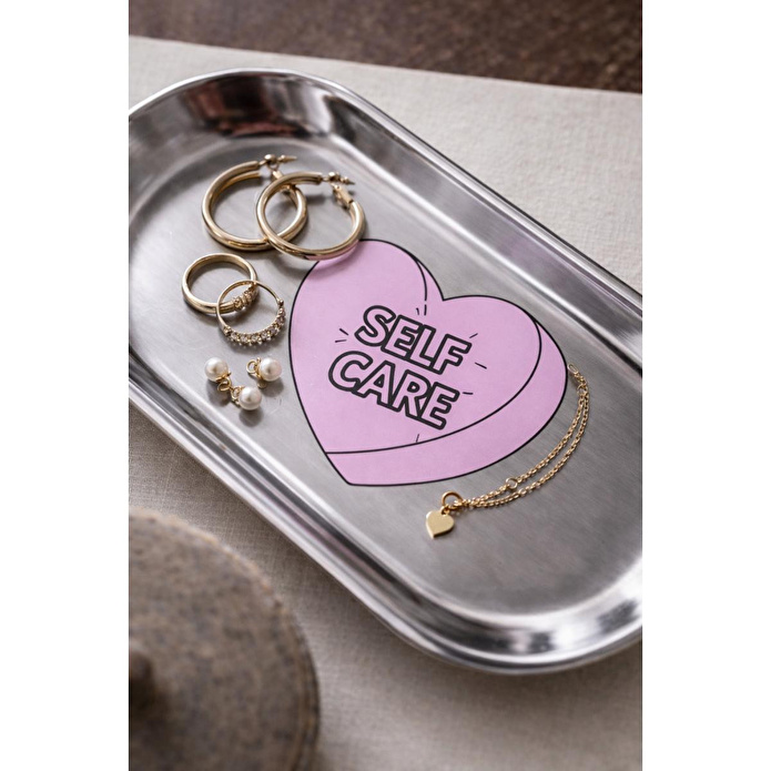 Beige & Stone Self Care Desenli Gümüş Paslanmaz Çelik Tepsi Takılık, Sunum, Düzenleyici Sevgililer Günü Hediyesi