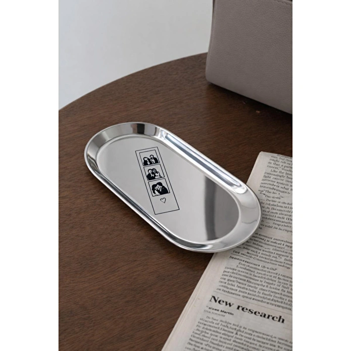 Beige & Stone Love Story Desenli Gümüş Paslanmaz Çelik Tepsi Takılık, Sunum Düzenleyici Sevgililer Günü Hediyesi