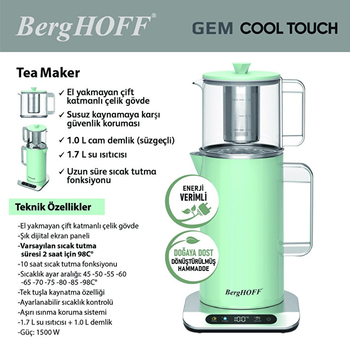 Berghoff Gem Retro 1.7 Litre Mint Yeşil Çay Makinesi
