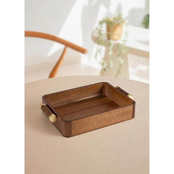 The Mia Natura Akasya Metal Kulplu Tepsi Gold 35x23x6 Cm