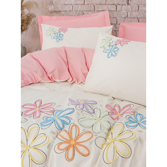 Cotton Box Puff Nakışlı Çift Kişilik Nevresim Takımı Bellis Pembe