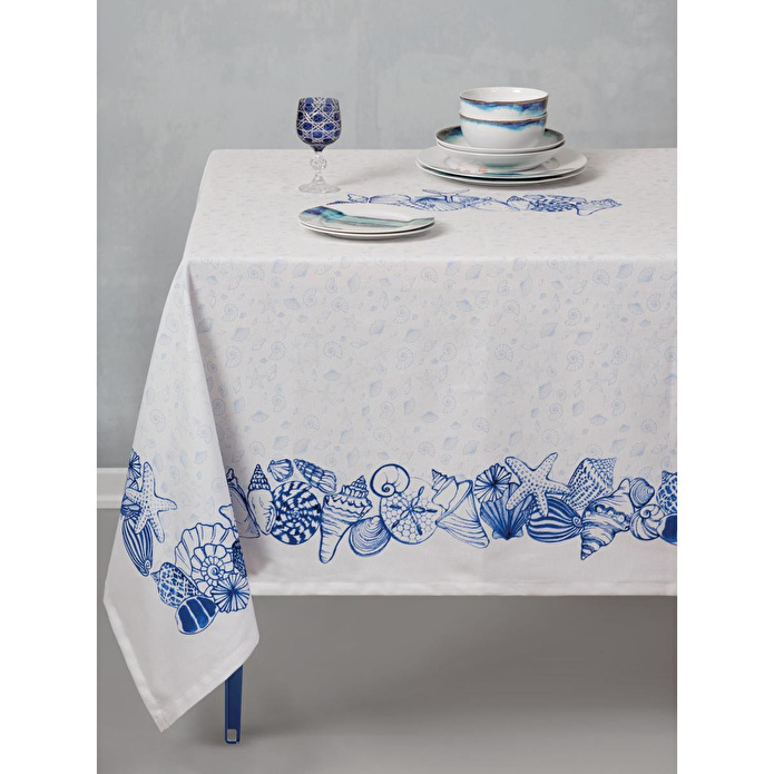 Cotton Box Pano Baskılı Masa Örtüsü Cowry Mavi 170x230