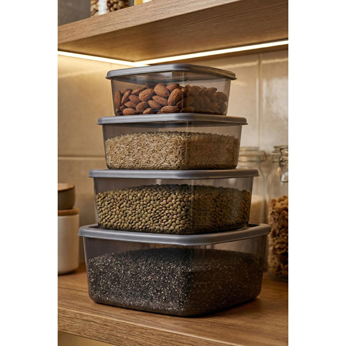 Vienev 4'lü Kare Hava Geçirmez Saklama Kabı Antrasit (1,4 Lt - 850 Ml - 500 Ml - 270 Ml)