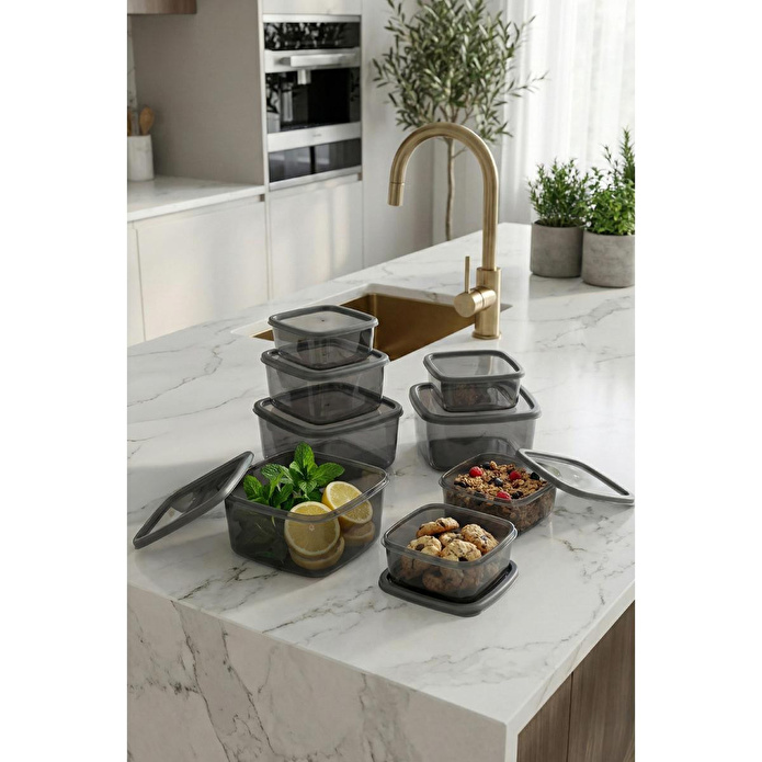 Vienev 8'li Kare Hava Geçirmez Saklama Kabı Antrasit (1,4 Lt - 850 Ml - 500 Ml - 270 Ml)