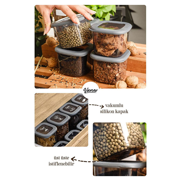 Vienev Beyaz Serigrafi Etiketli Kaşıklı Kare Erzak Saklama Kabı 12'li Set Küçük Boy 0,55 Litre