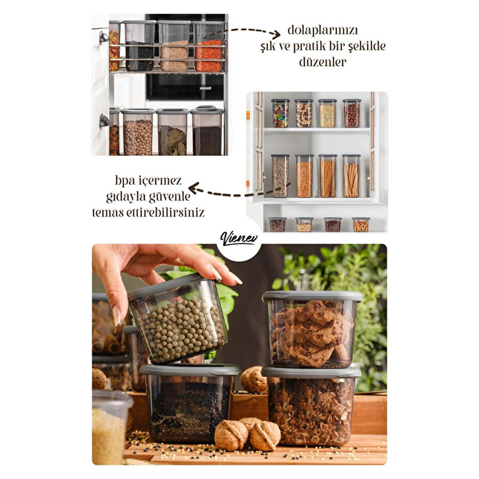 Vienev Beyaz Serigrafi Etiketli Kaşıklı Kare Erzak Saklama Kabı 12'li Set Küçük Boy 0,55 Litre