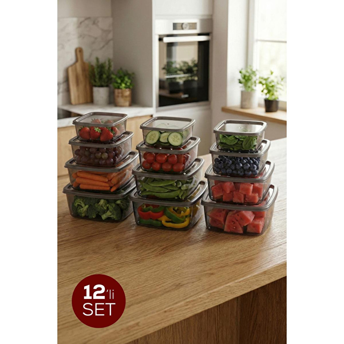 Vienev 12'li Kare Hava Geçirmez Saklama Kabı Antrasit (1,4 Lt - 850 Ml - 500 Ml - 270 Ml)