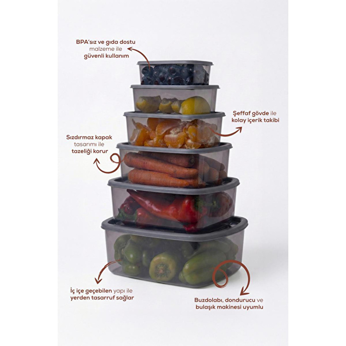 Vienev 6'lı Hava Geçirmez Saklama Kabı Antrasit (3-2-1,2-0,75-0,50-0,25 Lt)