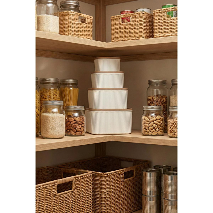 Vienev 12'li Çizgili Kare Saklama Kabı Seti Bej - Mikrodalga Ve Derin Dondurucu Uyumlu