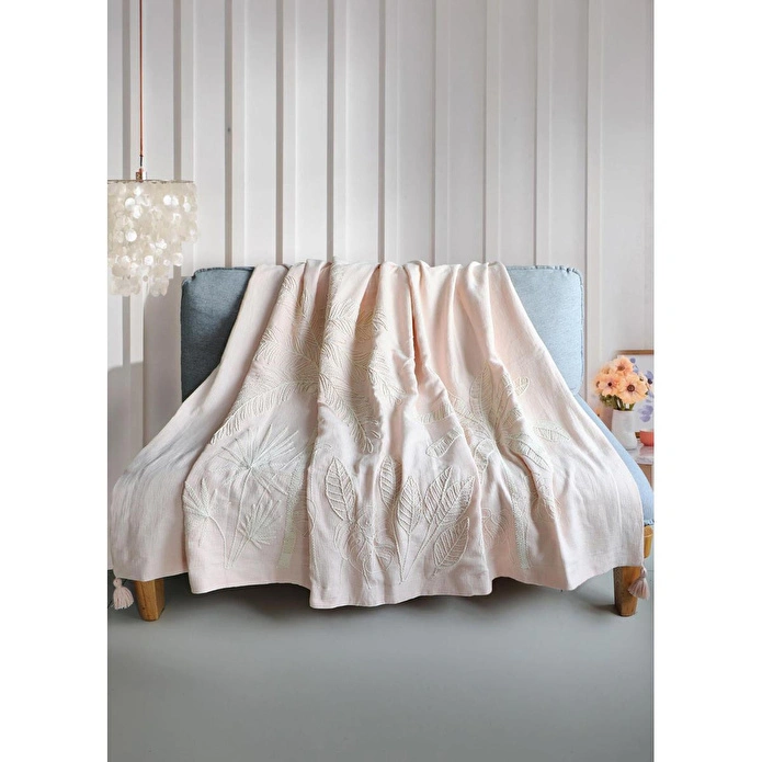 The Mia Throw Koltuk Şalı Püsküllü Pudra 170x130