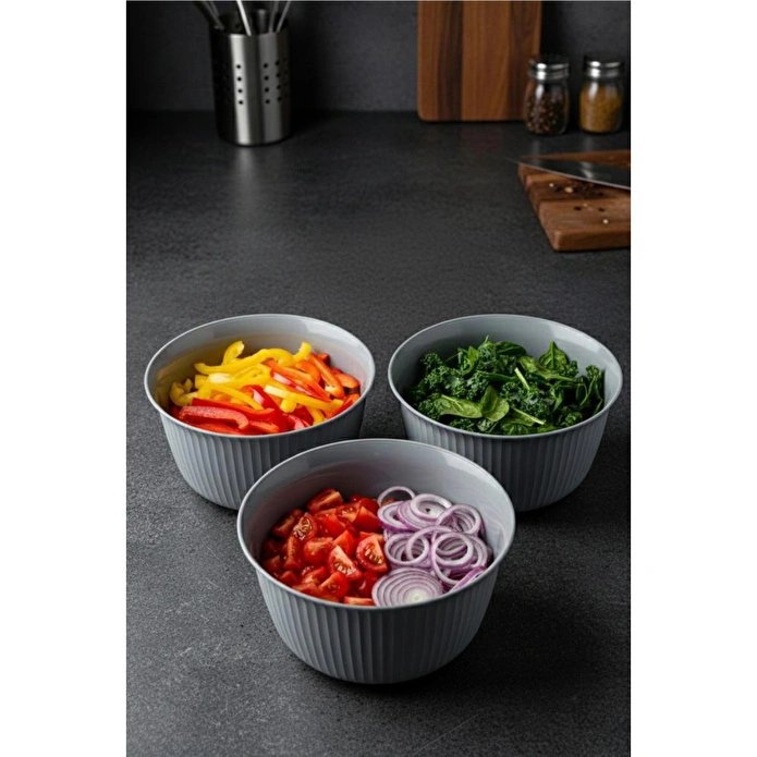 Vienev 3'lü 3 Litre Plastik Karıştırma Ve Saklama Kase Seti Gri