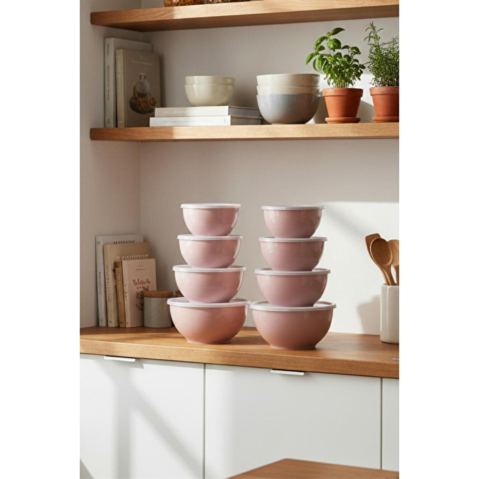 Vienev 8'li Yuvarlak Kase Seti Pembe | 1l, 1.5l, 2.3l, 3.3l | Kapaklı Çok Amaçlı Mutfak Saklama Kabı