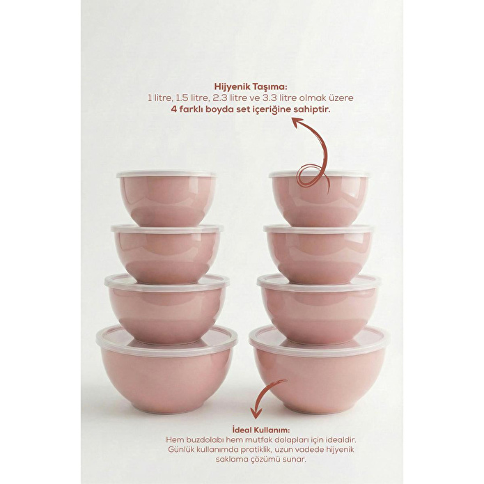 Vienev 8'li Yuvarlak Kase Seti Pembe | 1l, 1.5l, 2.3l, 3.3l | Kapaklı Çok Amaçlı Mutfak Saklama Kabı