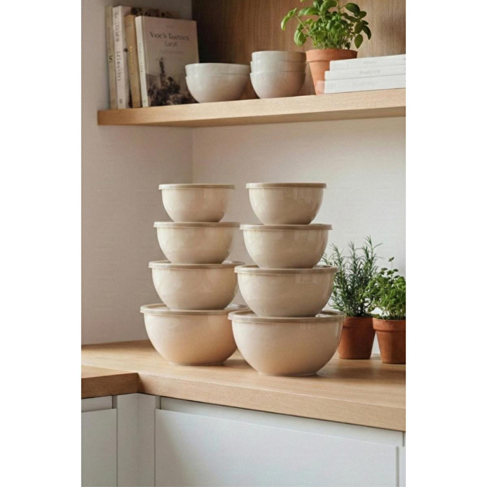 Vienev 8'li Yuvarlak Kase Seti Bej | 1l, 1.5l, 2.3l, 3.3l | Kapaklı Çok Amaçlı Mutfak Saklama Kabı