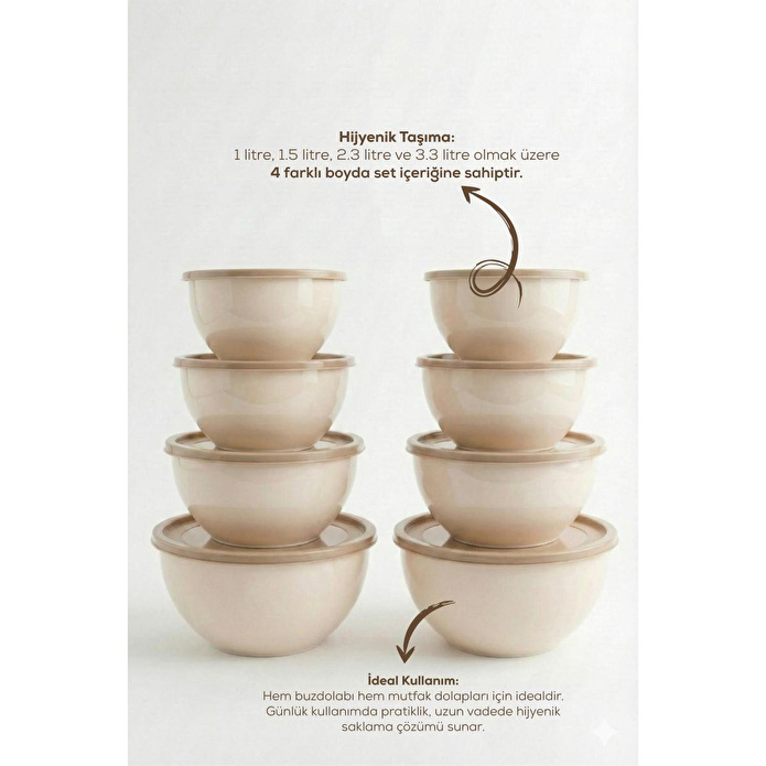 Vienev 8'li Yuvarlak Kase Seti Bej | 1l, 1.5l, 2.3l, 3.3l | Kapaklı Çok Amaçlı Mutfak Saklama Kabı