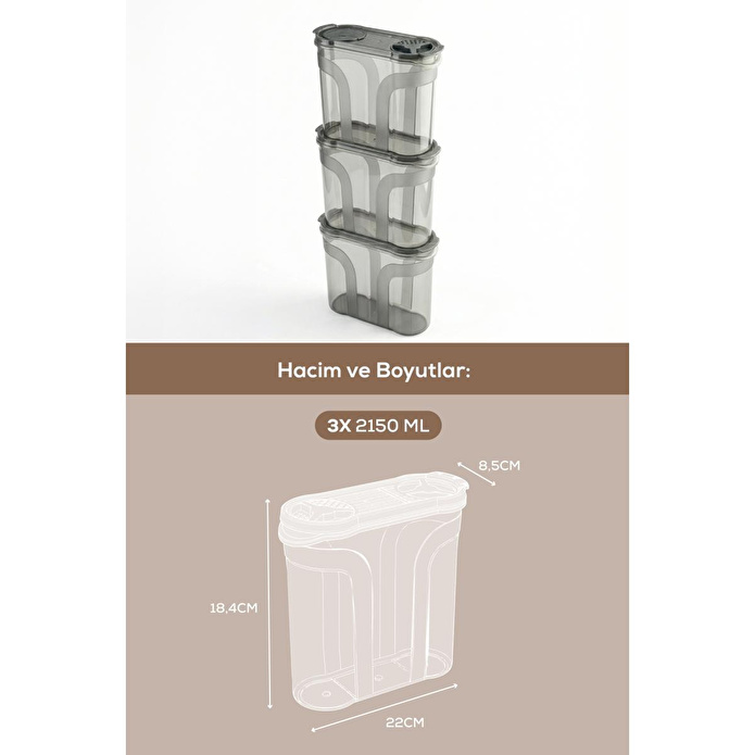 Vienev 3'lü Çift Kapaklı Erzak Saklama Kabı Seti 2150 Ml Antrasit