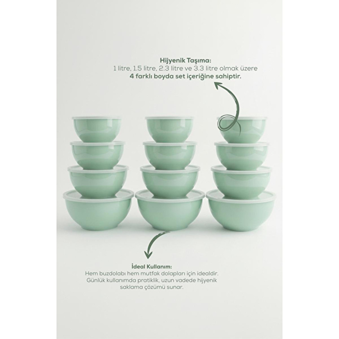 Vienev 12'li Yuvarlak Kase Seti Mint Yeşili | 1l, 1.5l, 2.3l, 3.3l | Kapaklı Mutfak Saklama Kabı