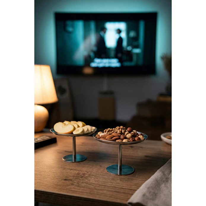 Vienev 2'li Gümüş Renk Metal Sunum Standı - Şık Ve Dekoratif İkramlık Standı