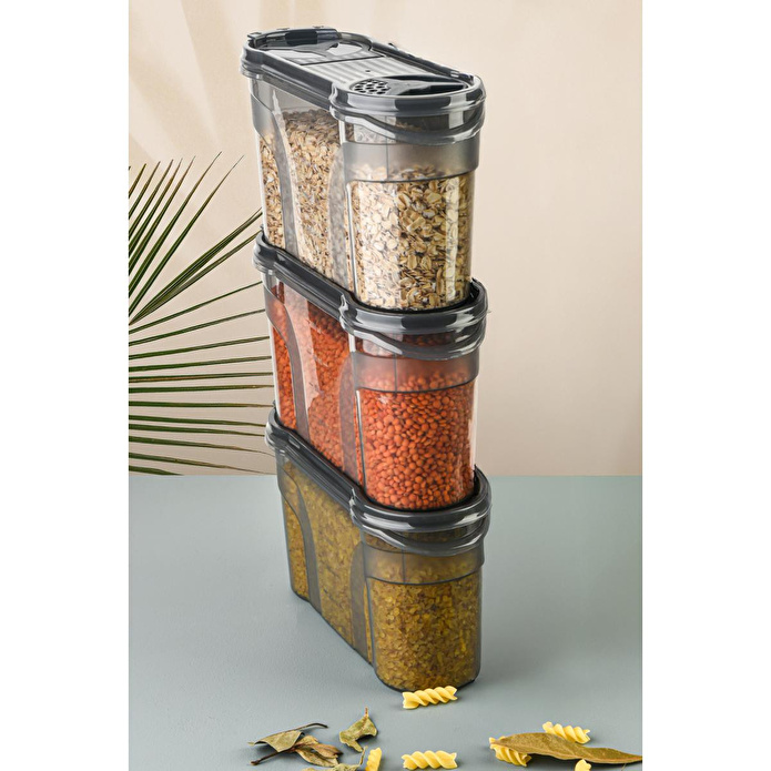 Vienev 3'lü Çift Kapaklı Erzak Saklama Kabı Seti 1400 Ml Antrasit