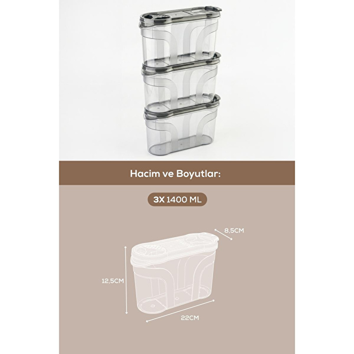 Vienev 3'lü Çift Kapaklı Erzak Saklama Kabı Seti 1400 Ml Antrasit
