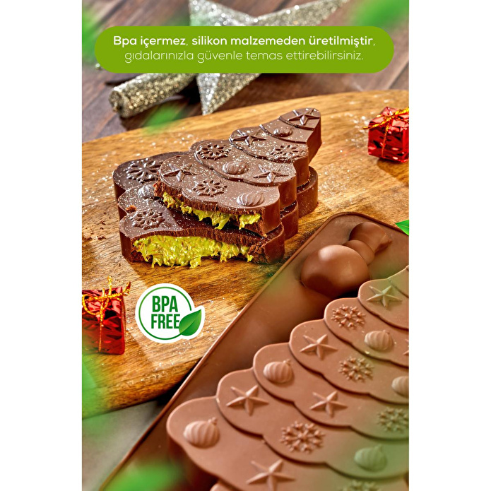 Vienev Yılbaşı Temalı Silikon Çam Ağacı Dubai Çikolatası Kalıbı Kahverengi