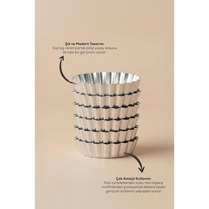 Vienev Geniş Tabanlı 6'lı Mini Boy Metal Tırtıklı Tartolet Ve Porsiyonluk Kek Kalıbı Seti