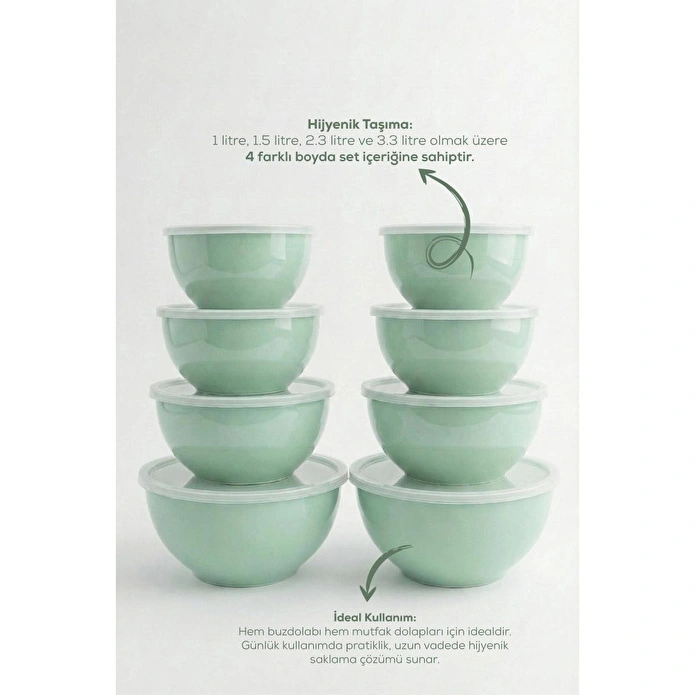 Vienev 8'li Yuvarlak Kase Seti Mint Yeşili | 1l, 1.5l, 2.3l, 3.3l | Kapaklı Çok Amaçlı Mutfak Saklama Kabı