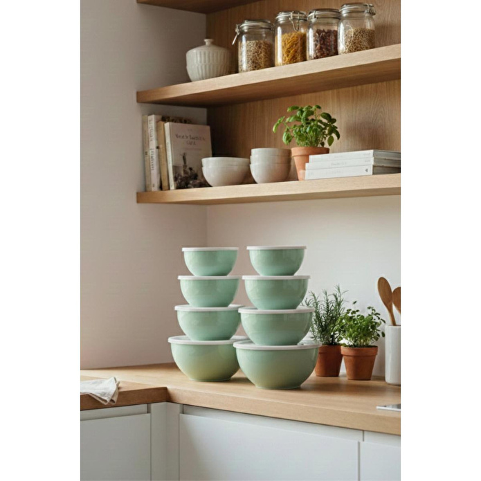 Vienev 8'li Yuvarlak Kase Seti Mint Yeşili | 1l, 1.5l, 2.3l, 3.3l | Kapaklı Çok Amaçlı Mutfak Saklama Kabı