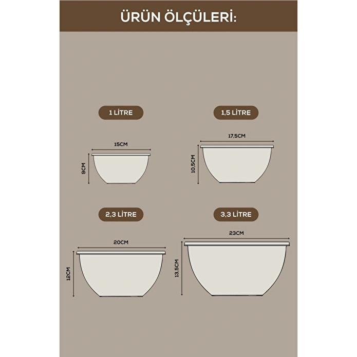 Vienev 4'lü Yuvarlak Kase Seti Bej | 1l, 1.5l, 2.3l, 3.3l | Kapaklı Çok Amaçlı Mutfak Saklama Kabı