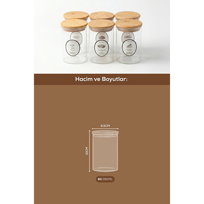 Vienev 6'lı Set Bambu Kapaklı Cam Kavanoz 280 Ml - Etiketli Baharat Düzenleyici Saklama Kabı (6,5x10 Cm)